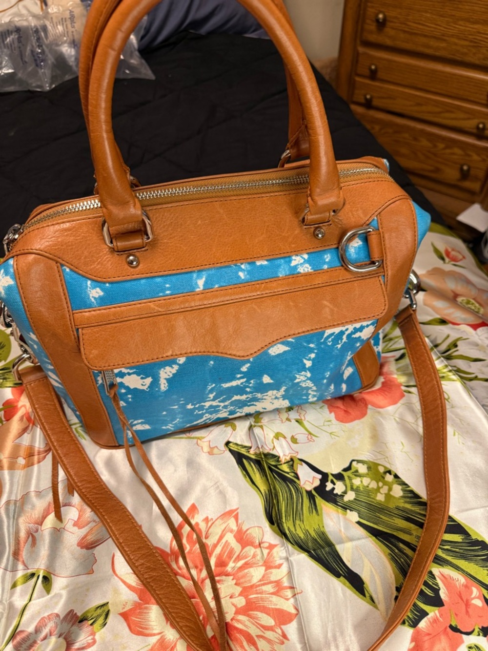 Rebecca Minkoff M.A.B. Satchel – Blue Canvas & Tan Leather Trim Crossbody